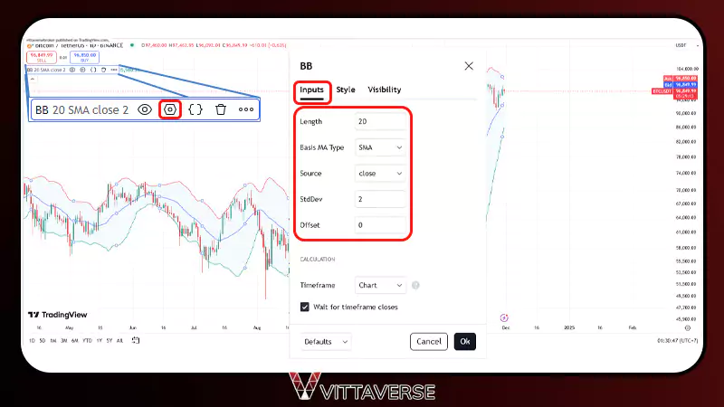 تنظیمات بولینگر باند در تریدینگ ویو