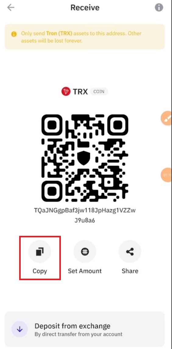 آدرس کیف پول ترون شما نمایش داده می‌شود. این آدرس را کپی کنید.